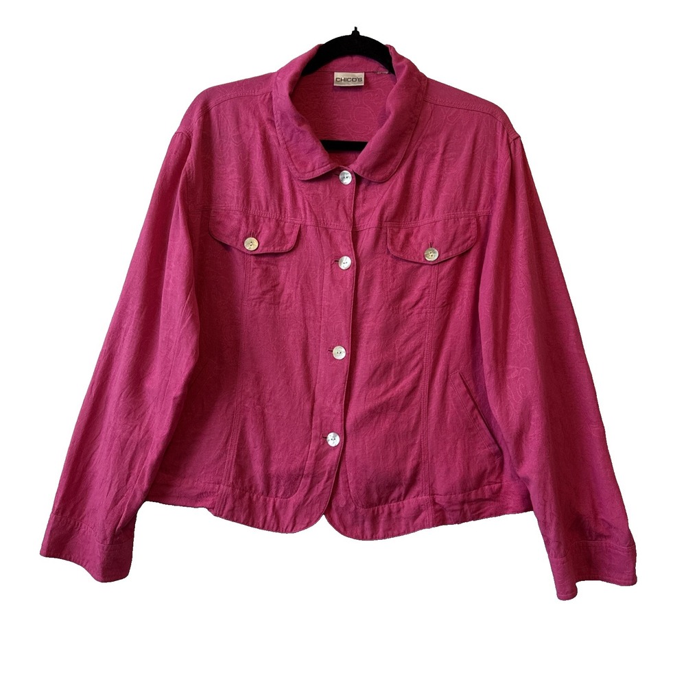 Chicos Hot Pink Jacquard Floral Button Up Jacket Women's Lg Chic Layering Summer